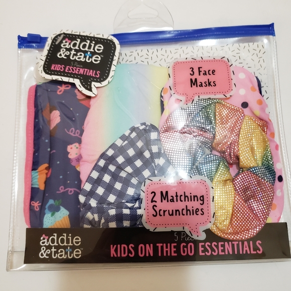 addie & tate Other - New Kids Face Masks and Scrunchie Set NWT 5 piece set Rainbow Cupcake Pink Blue